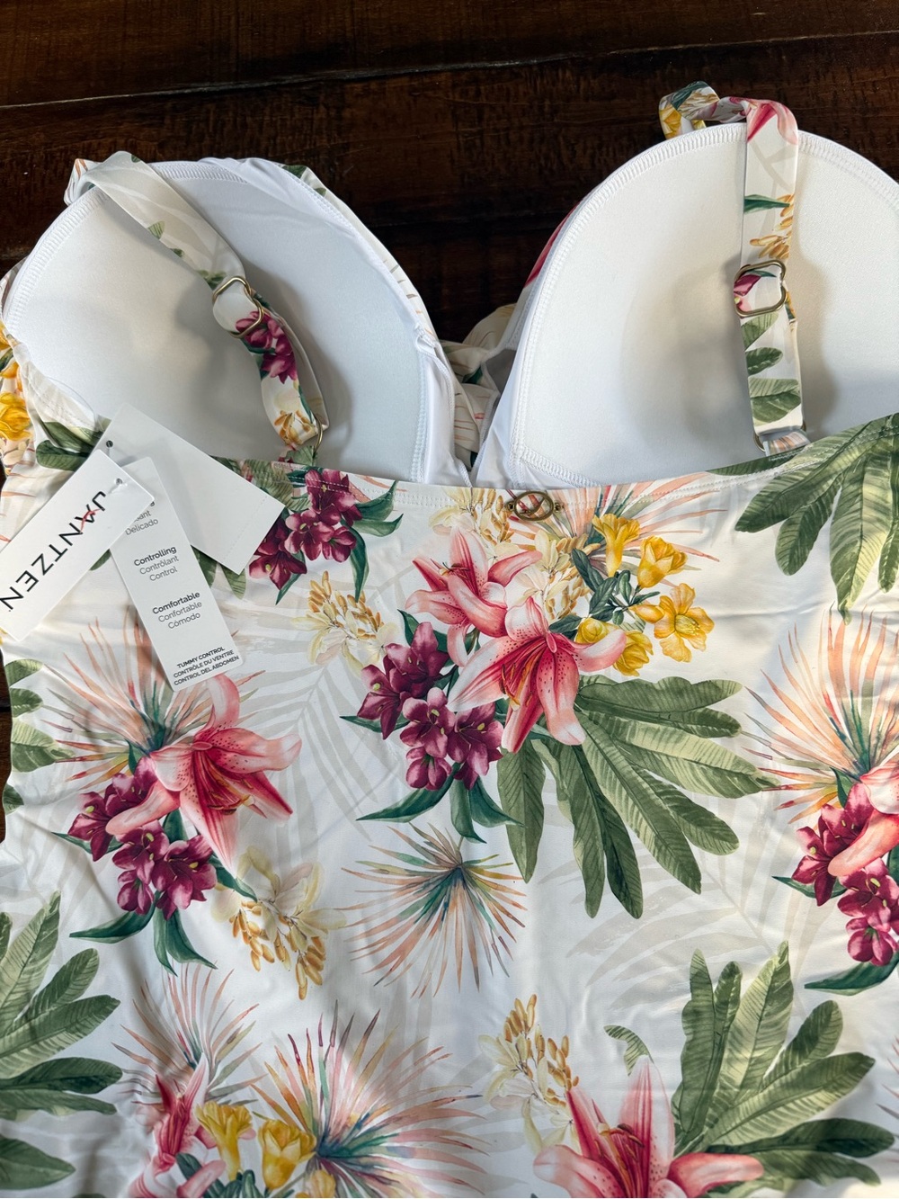 Plus Size Jantzen Floral Swimsuit in White with Green & Pink - Picture 7 of 11